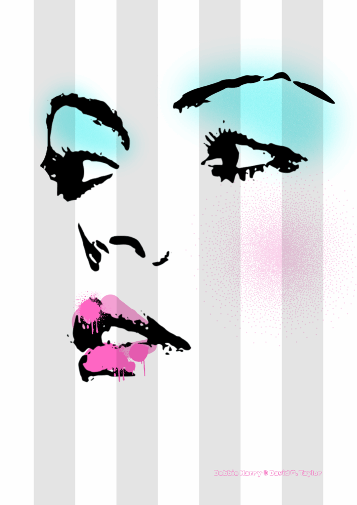 A grey striped background with a womans eyes nose and lips drawn on it. 