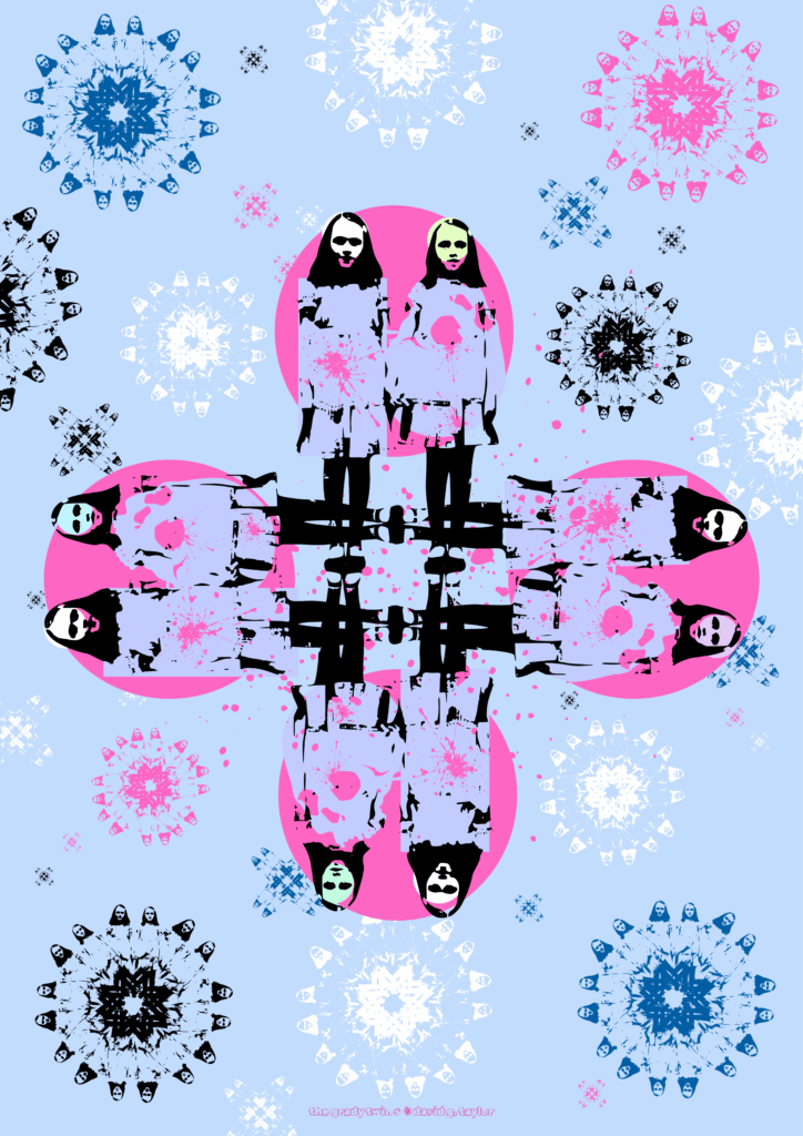 A postcard with repeated patterns of two young girls printed across it in pinks blue and black. 
