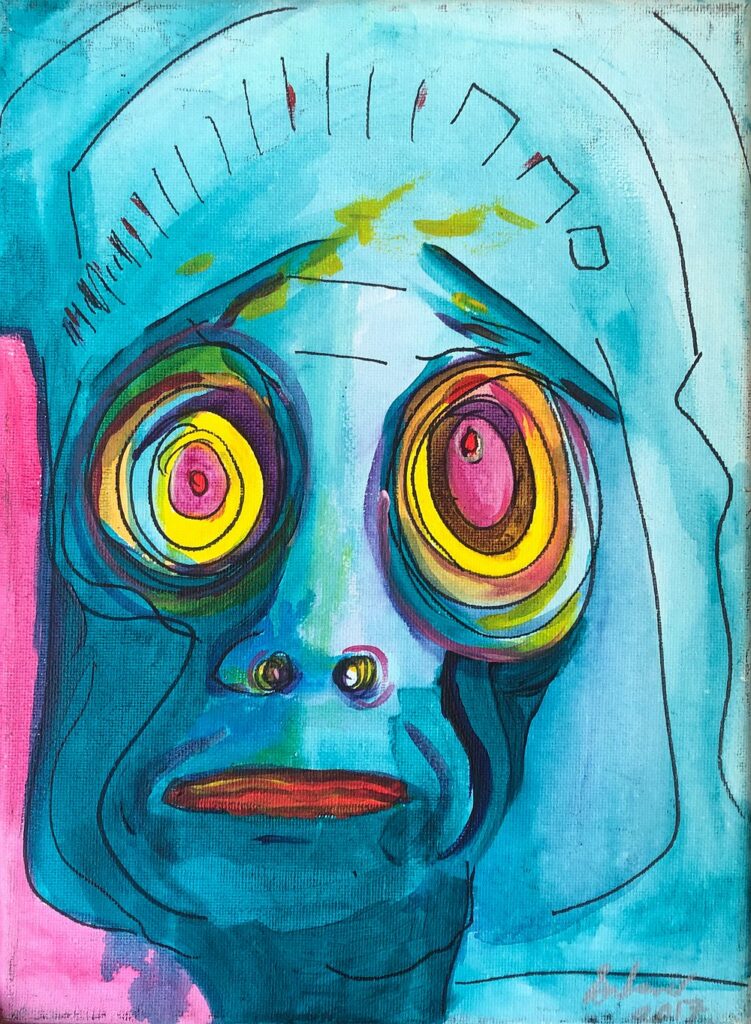 Abstract painting of a blue-faced figure with large, concentric yellow and orange eyes, blue lips, and a pink background accent on the left side.