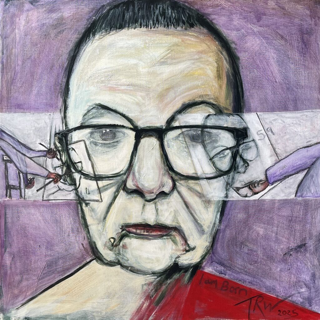 An expressive self portrait painting of Tanya with short dark hair, arched thin eyebrows and dark rimmed glasses with semi transparent  images of purple sleeved arms painting either side. She is wearing a red one-shoulder top and the background is pale purple.