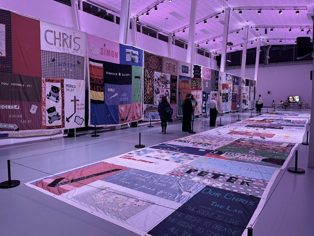 Many large quilts on display in a vast hall. Each panel is about the size of a single bed, and has been joined together with several others to make larger blocks. Some of these blocks hang from tall frames from ceiling to floor, others are laid on the floor. The individual panels are hand-made and colourful, in remembrance of people who have died from AIDS.