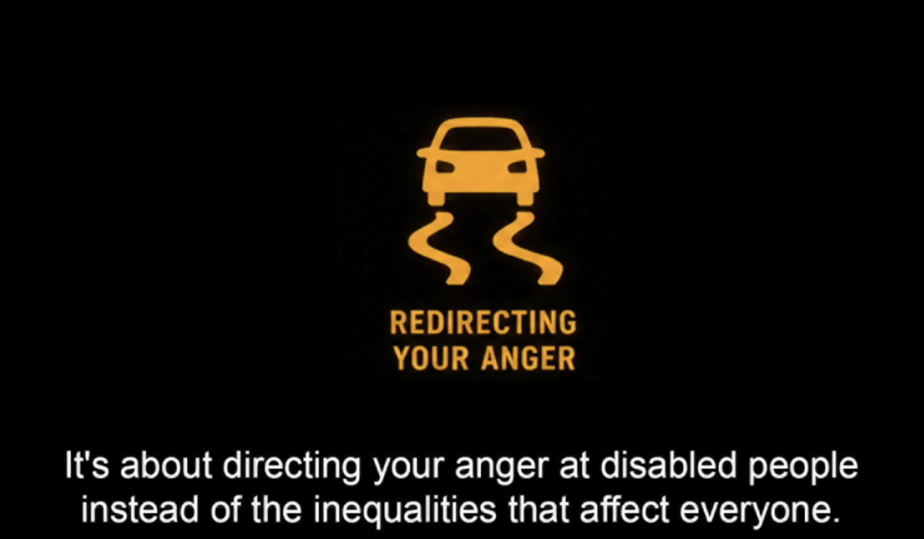 An image with a black background with a orange icon of an out of control car swerving. Text underneath says: It's about directing your anger towards disabled people instead of the inequalities that affect everyone 